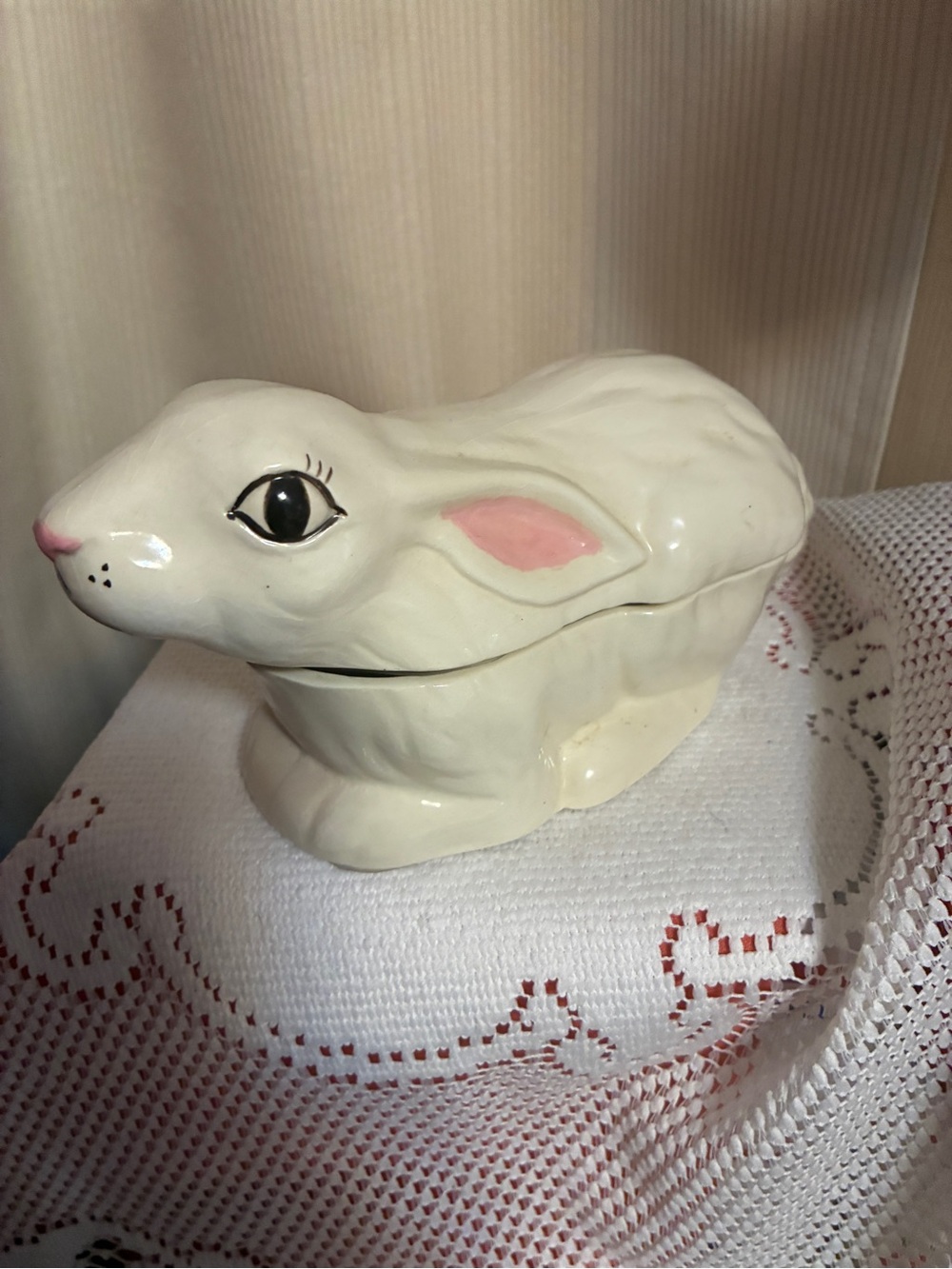 Ceramic White Bunny Rabbit Trinket Box with Pink Accents Hobbyist Vintage